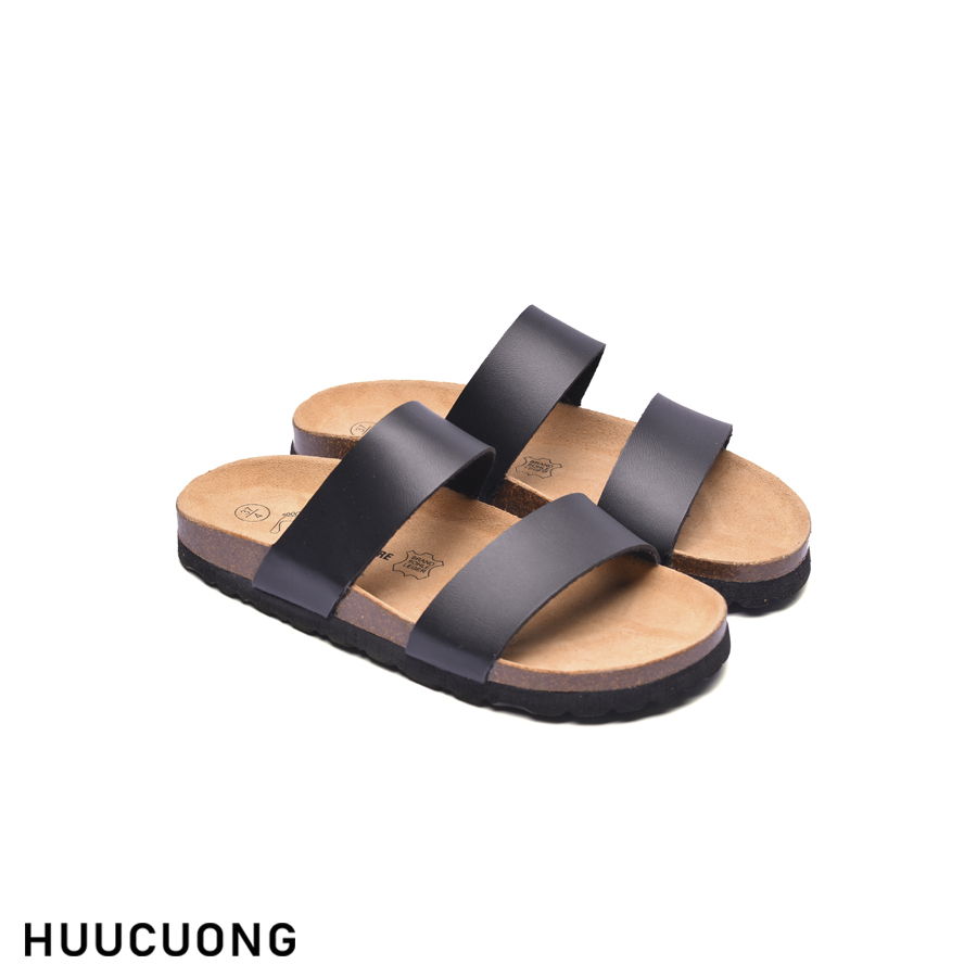 Dép đế trấu unisex 2 quai da pu đen