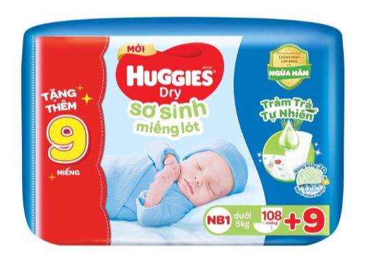 Miếng lót sơ sinh Huggies NB1 108+6 miếng (Dưới 5kg)