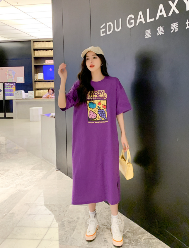 Đầm suông váy suông dáng dài form rộng tay lỡ in hình trái cây xẻ tà tinh tế ttds0445