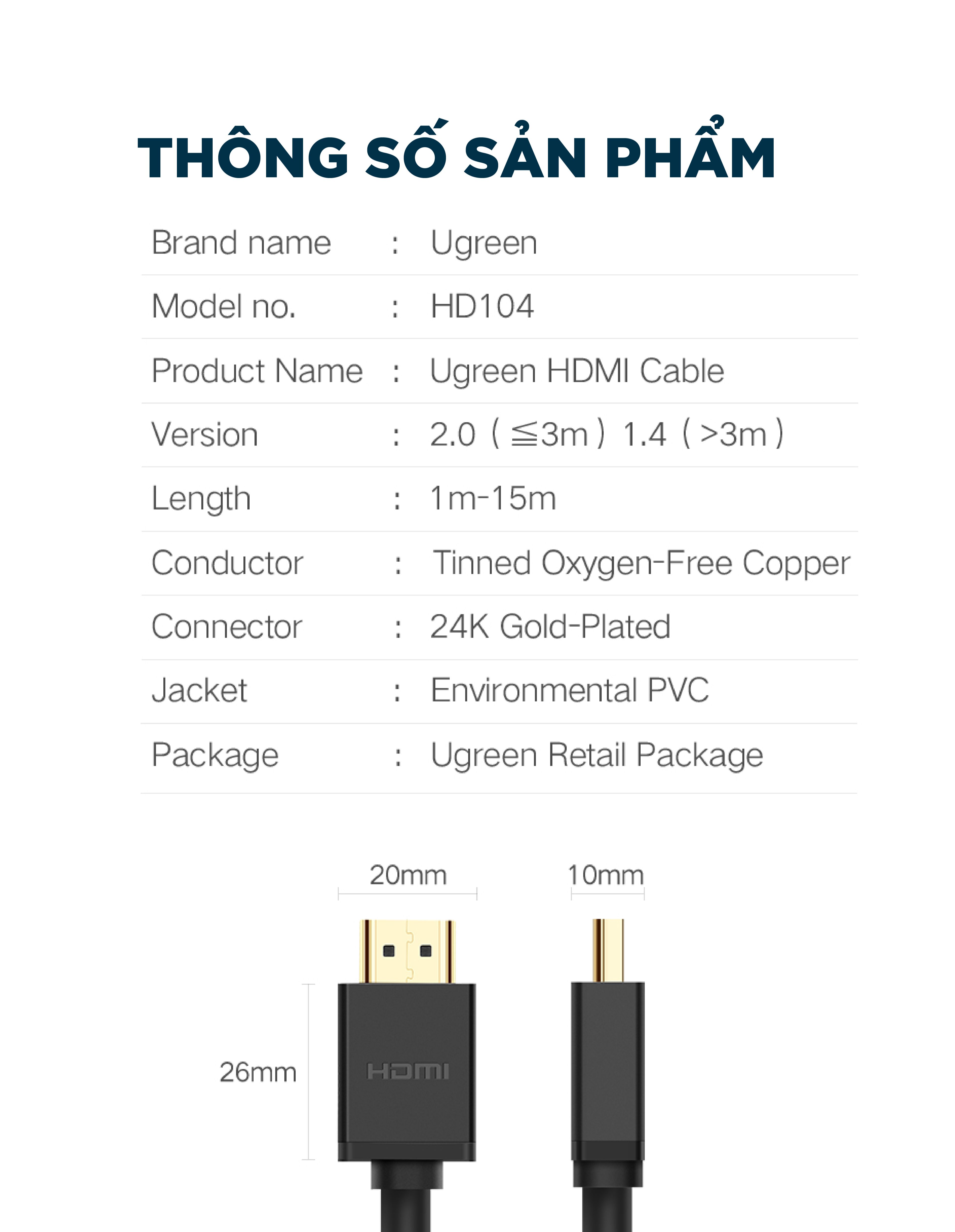 [HCM]Dây HDMI 1.4 thuần đồng 19+1 Dài 5M UGREEN HD104 10109