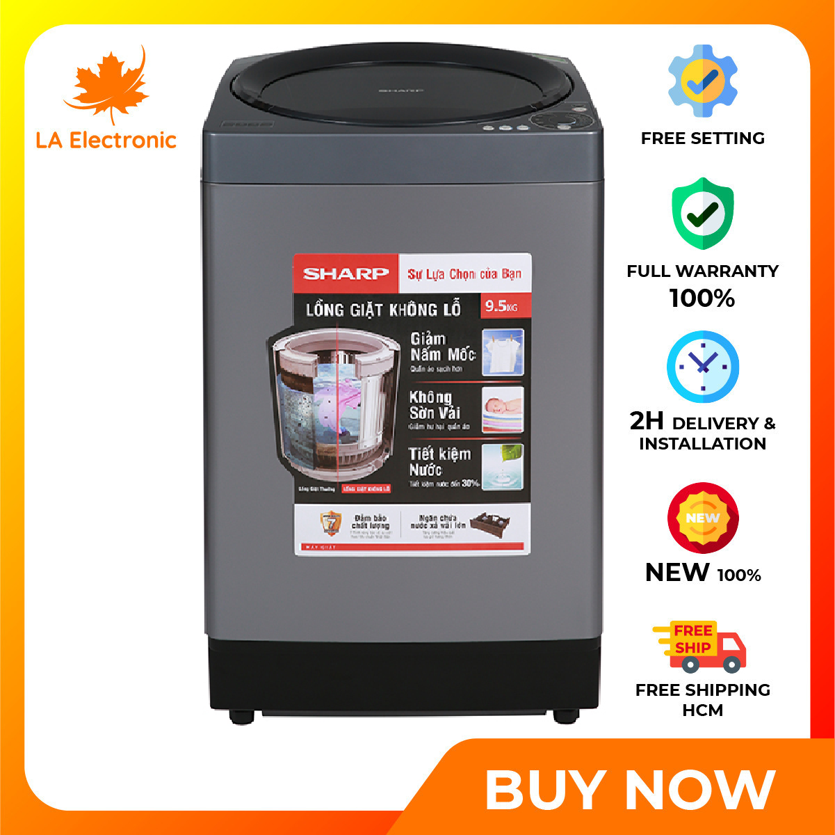 Trả Góp 0% – Máy Giặt – Sharp washing machine 9.5 kg ES-W95HV-S Full VAT – Free shipping HCM