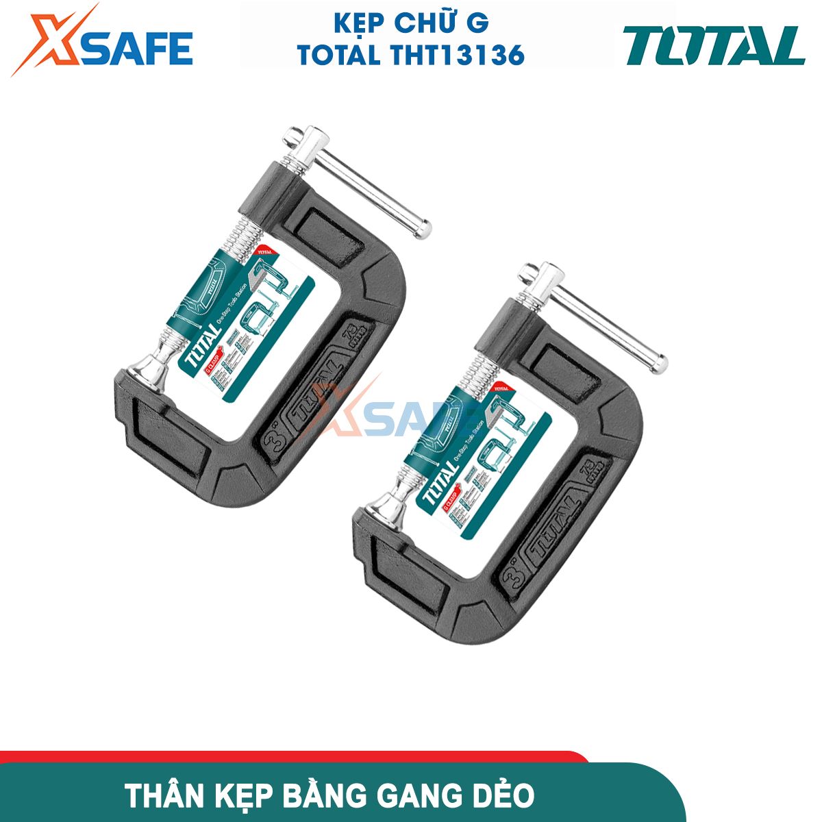 Cảo chữ C đa năng cao cấp TOTAL THT13136 3" kẹp chữ G chất liệu gang đúc nguyên khối cứng không gỉ chịu lực 1100kg gia công đá gỗ kim loại kính