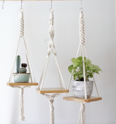 Kệ gỗ thông 18x18x1,5cm trang trí cao cấp NHÀ THOÁNG kệ treo dây macrame hình vuông kệ treo tường