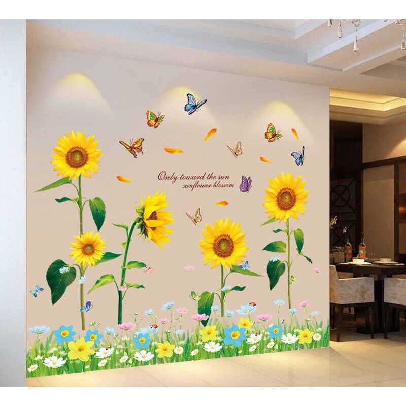 Decal dán tường hoa hướng dương và chân hoa cỏ