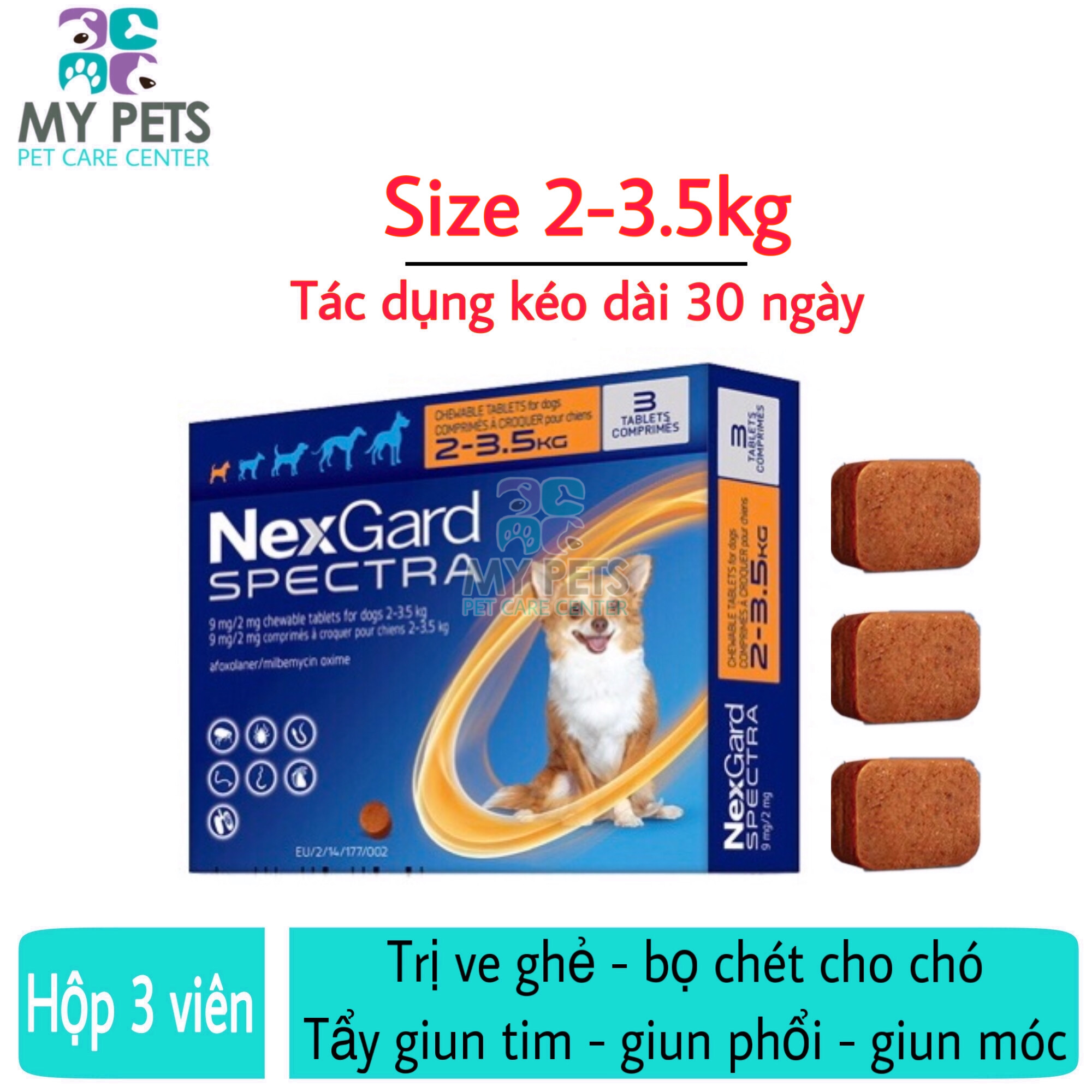 NEXGARD SPECTRA Thuốc trị ve ghẻ, bọ chét, demodex, tẩy giun cho chó - Hộp 3 viên (size 2-3,5kg)