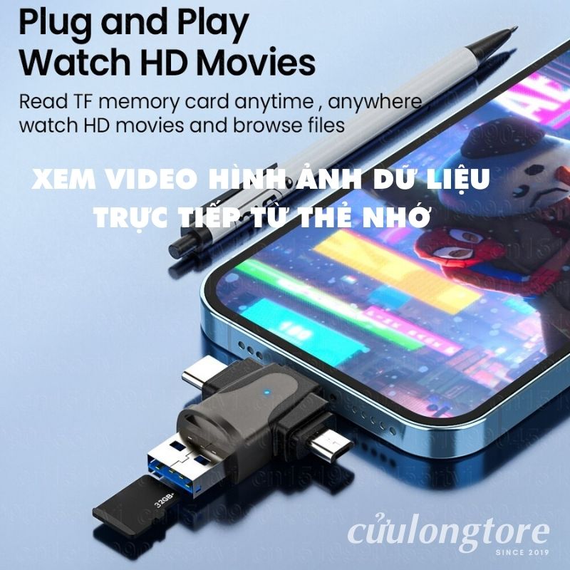 Đầu Đọc Thẻ Nhớ 3.0 OTG 4 Trong 1 TF Card Micro SD máy ảnh đa năng iphone type c micro usb tốc độ cao cho điện thoại máy tính