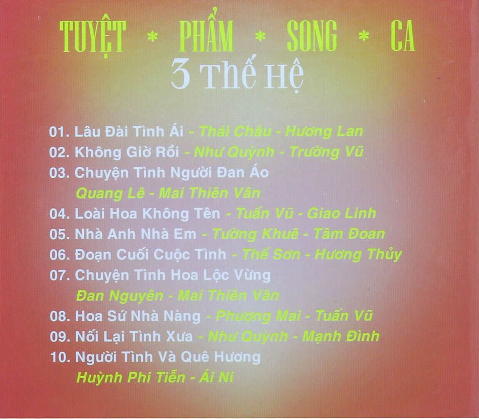 Bộ 4 đĩa cd Tuyệt Phẩm Song Ca 3 Thế Hệ (phôi đĩa nhật)
