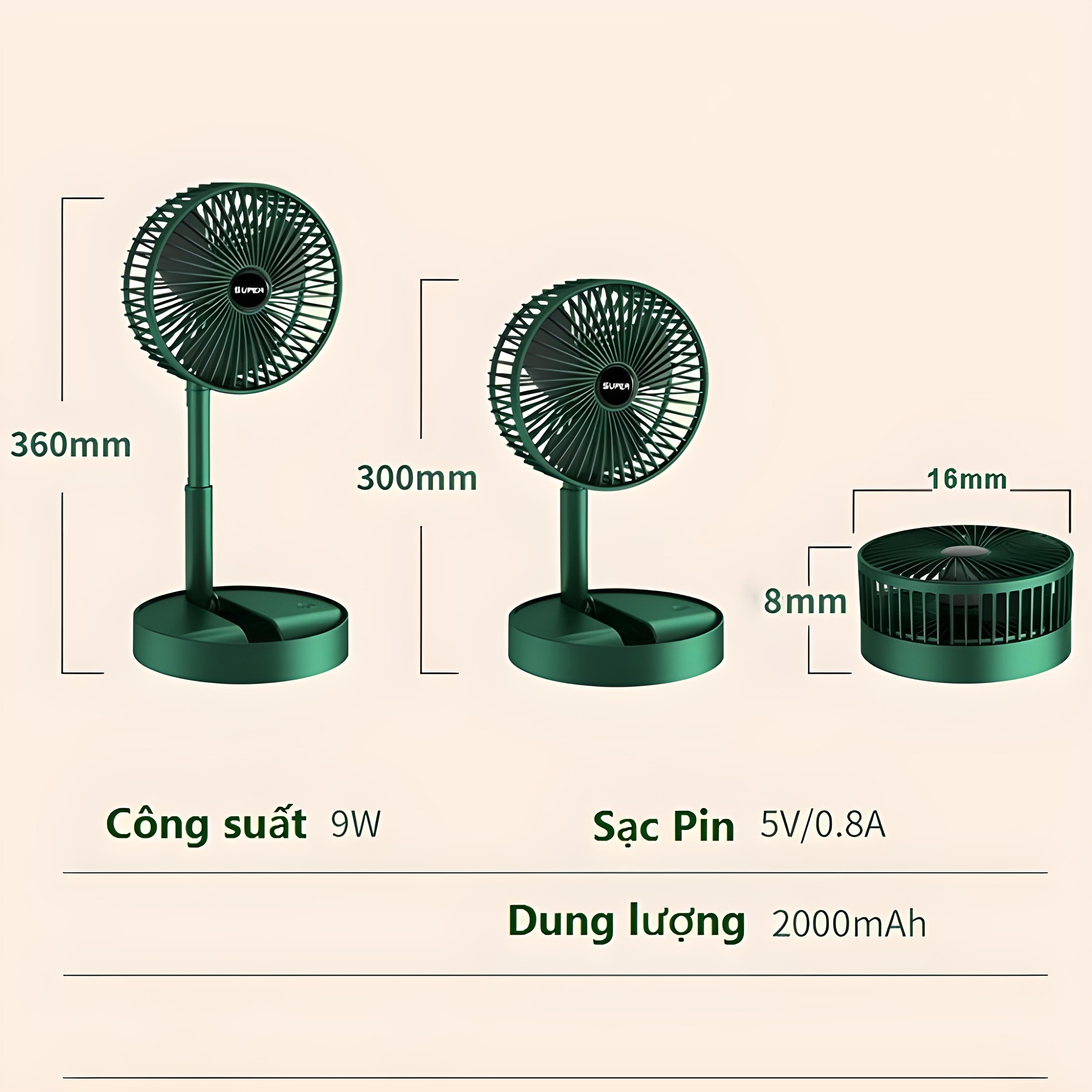 Quạt Tích Điện Để Bàn Mini Super Fan Gấp Gọn Có Thể Kéo Dài 3 Tốc Độ Gió Xoay 360 Cổng Sạc Usb Tiện Dụng