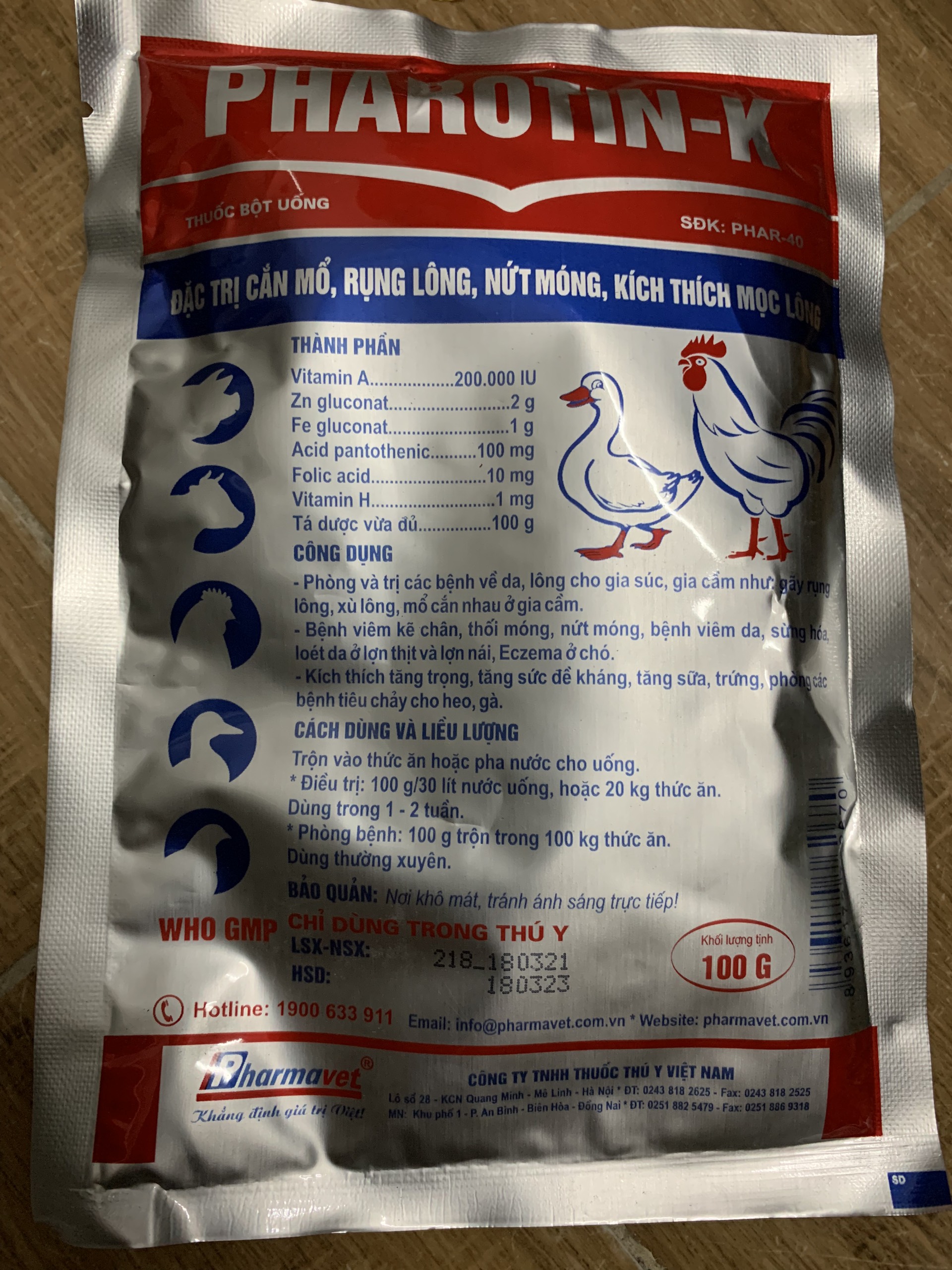 Pharotin-K Gói 100gr - Cắn mổ, rụng lông, nứt móng, kích thích mọc lông