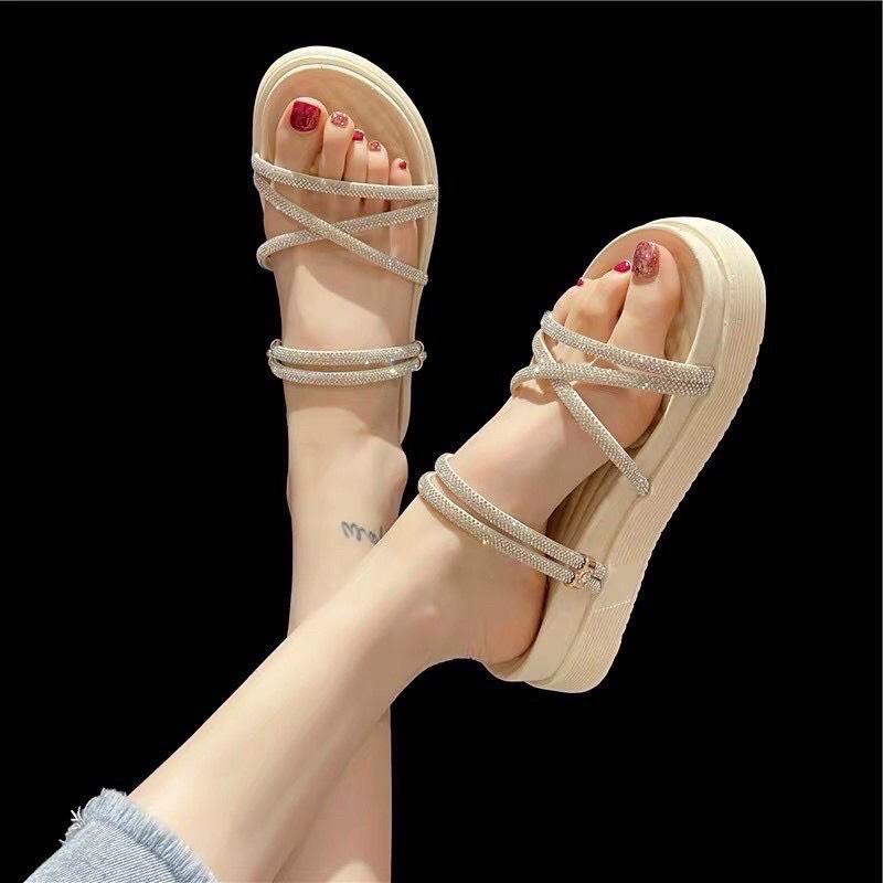 Dép Quai Dây Đính Đá Sandal Nữ Đế Độn 5cm ( Hàng QC loại 1 full box )