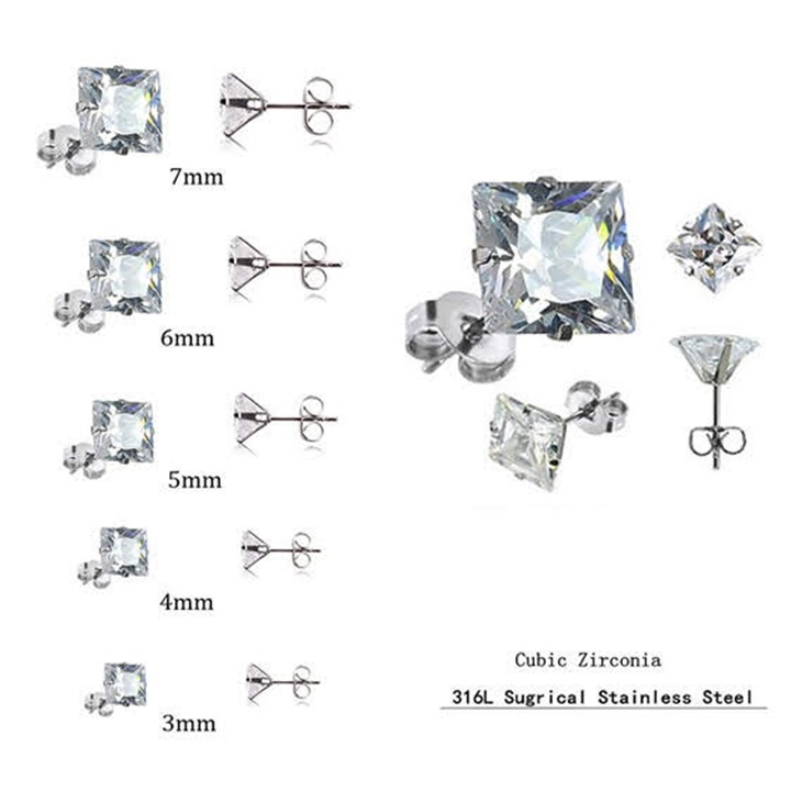 Bông tai đá pha lê vuông đen titan cao cấp BT21