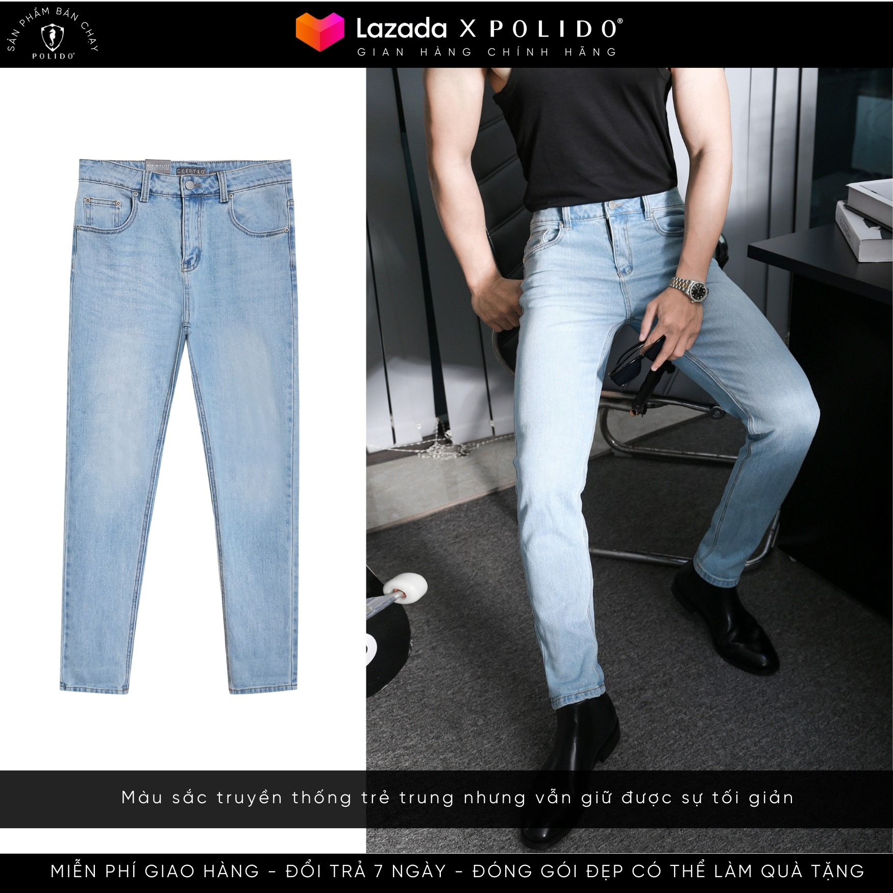 Quần Jeans Trơn CF Nam Kiểu Dáng Basic, Chất Liệu Jeans Co Giãn Nhẹ