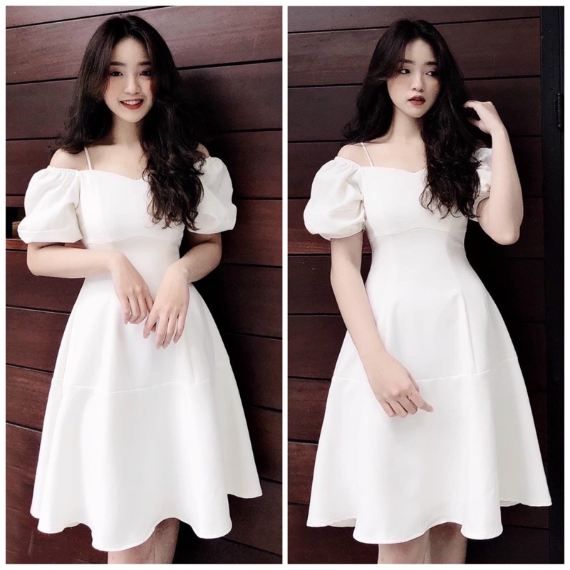Đầm trắng xoè dây vai