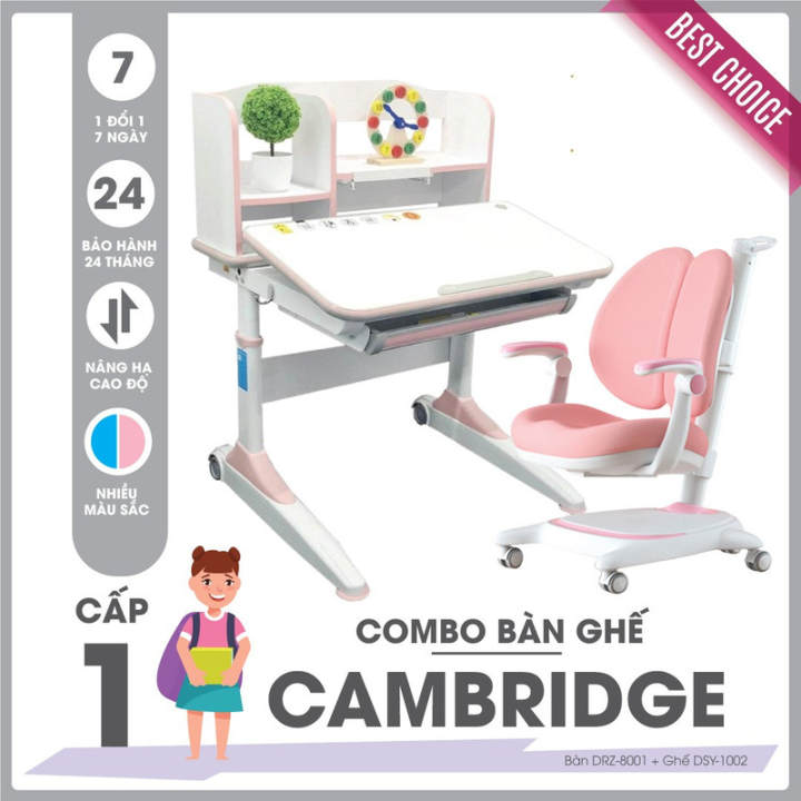 Bộ bàn ghế học sinh cấp 1 SMLIFE CAMBRIDGE - Hồng | Bàn: 80cm x 68cm x 52-76cm (mặt bàn nâng hạ) | Ghế: D46 x R46cm x C78-100cm.