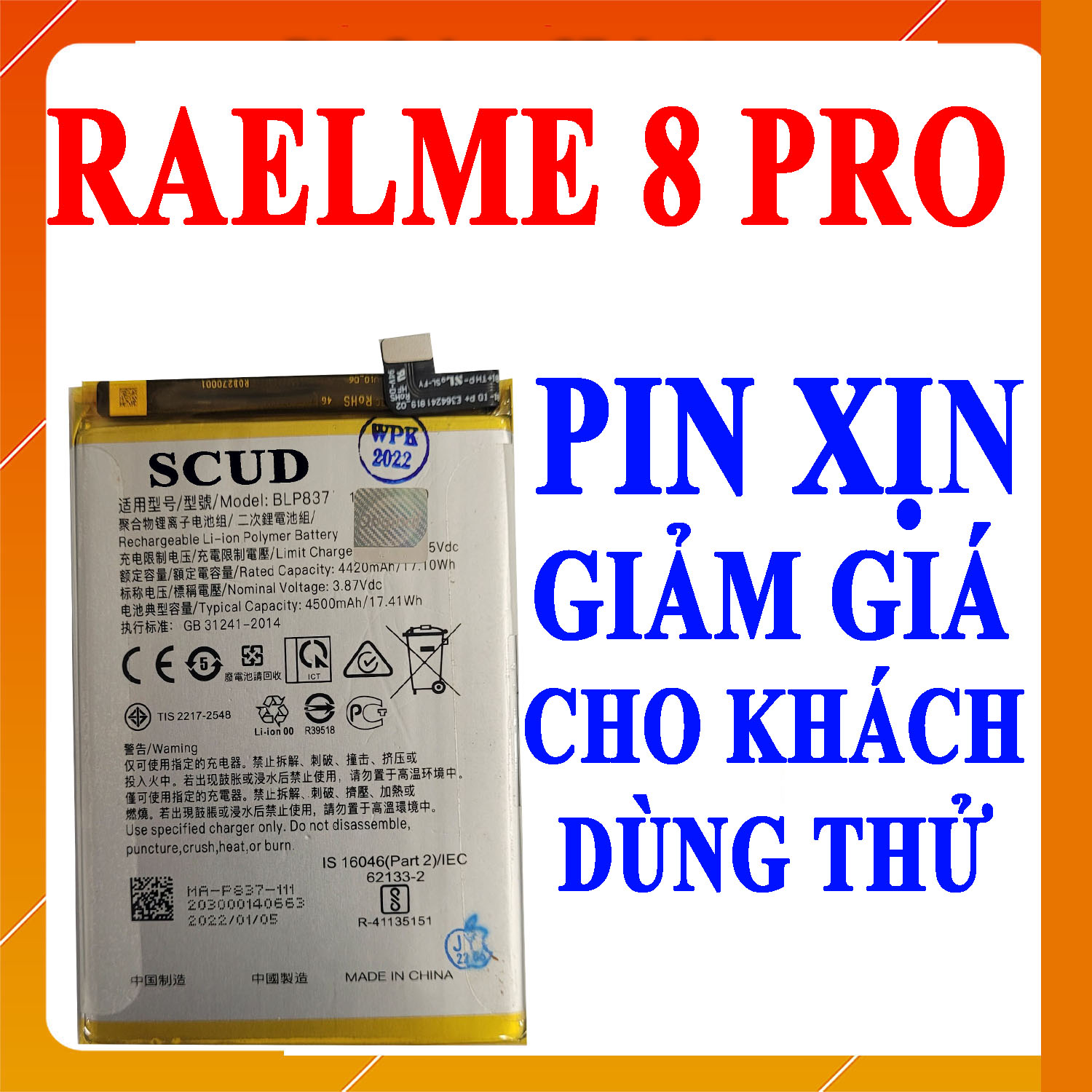 Pin Scud cho Realme 8 Pro/9 Pro Plus BLP837 4500mAh