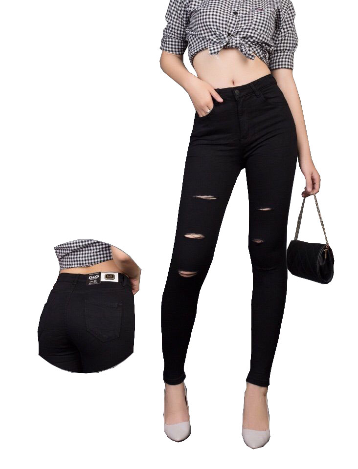 [HCM]Quần jean đen lưng cao rách ngang đùi - MoliJeans
