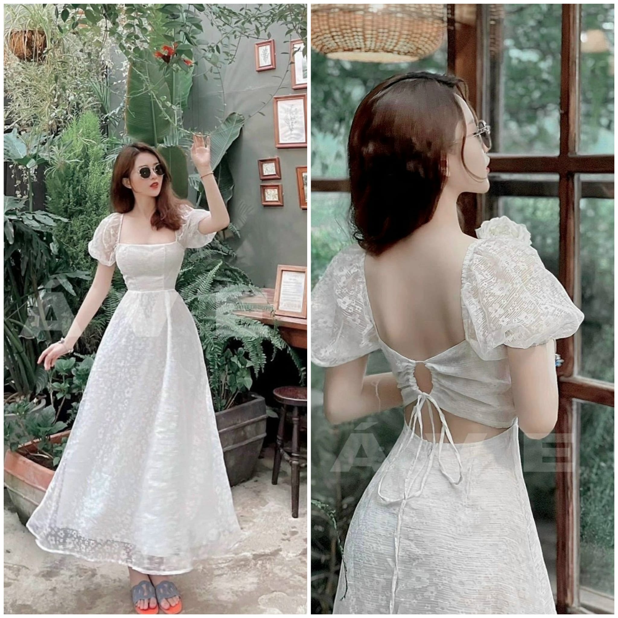 Đầm trắng midi hoa nổi cổ u tay bồng