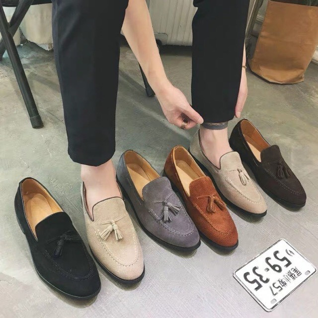 giày lười da lộn nam gắn nơ lịch lãm dễ phối đồ