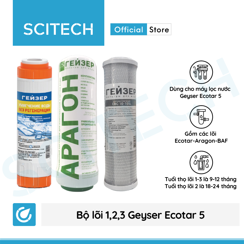 [HCM]Bộ lõi số 123 máy lọc nước Geyser Ecotar 5 (Lõi Aquasoft-Aragon-CBC)