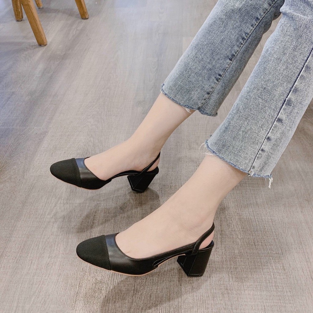 Sandal bít mũi da mịn khoét cạnh gót cao - 5P