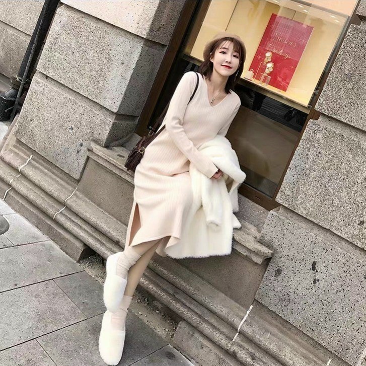 Váy suông dài tay cổ tim xẻ tà 2 màu chất len gân cá tính