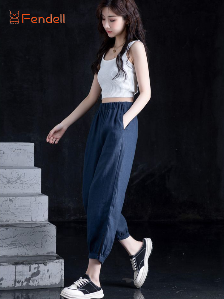 Quần Nữ Ice Silk Cotton Chiều Cao Eo Harun Rộng Thùng Thình Mùa Hè Mỏng Lanh Giản Dị Kiểu đèn Lồng Quần