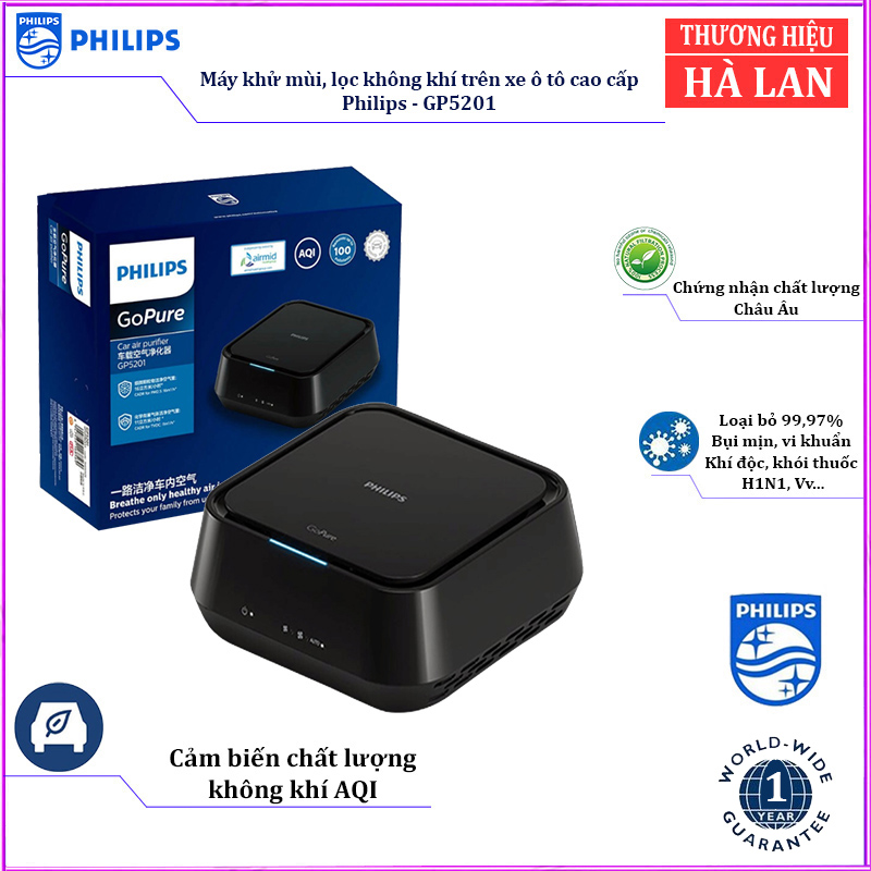 Máy khử mùi, lọc không khí trên xe ô tô thương hiệu nhập khẩu Philips GP5201 cảm biến chất lượng không khí 3 màu AQI, cảnh báo thay lõi lọc tự động (Bảo hành điện tử 12 tháng)