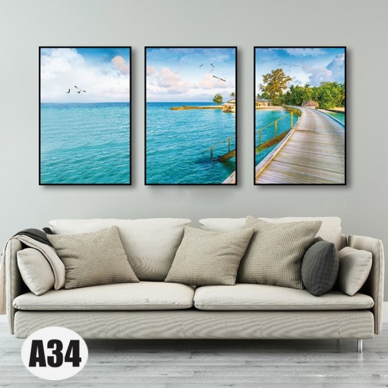 Tranh treo tường 3 bức họa tiết hồ nước và bầu trời xanh (30x40cm)
