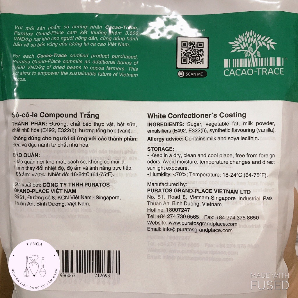 Socola chip trắng Puratos 500g
