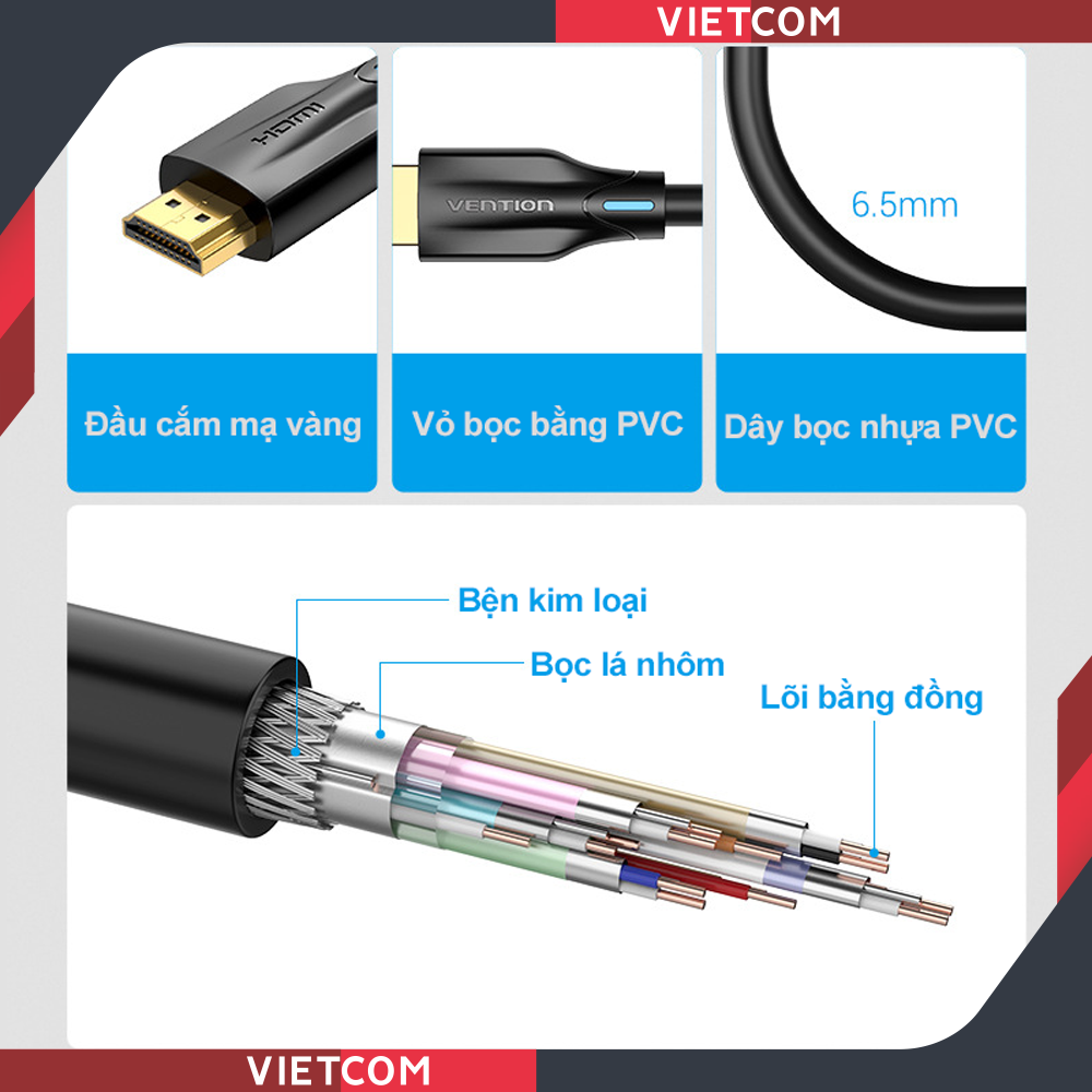 Cáp HDMI 2.1 Tốc độ cao 48Gbps 8K/60Hz Dynamic HDR - eARC - Hãng Vention 2M