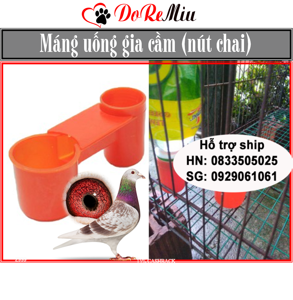 Doremiu- Máng uống tự động cho gà chọi chim bồ câu và gia cầm dạng nút chai màu cam (không bán kèm chai nước)