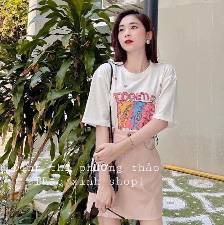 Set áo thun chân váy kaki hồng , áo phông in hình mix chân váy ngắn xinh xắn AD89