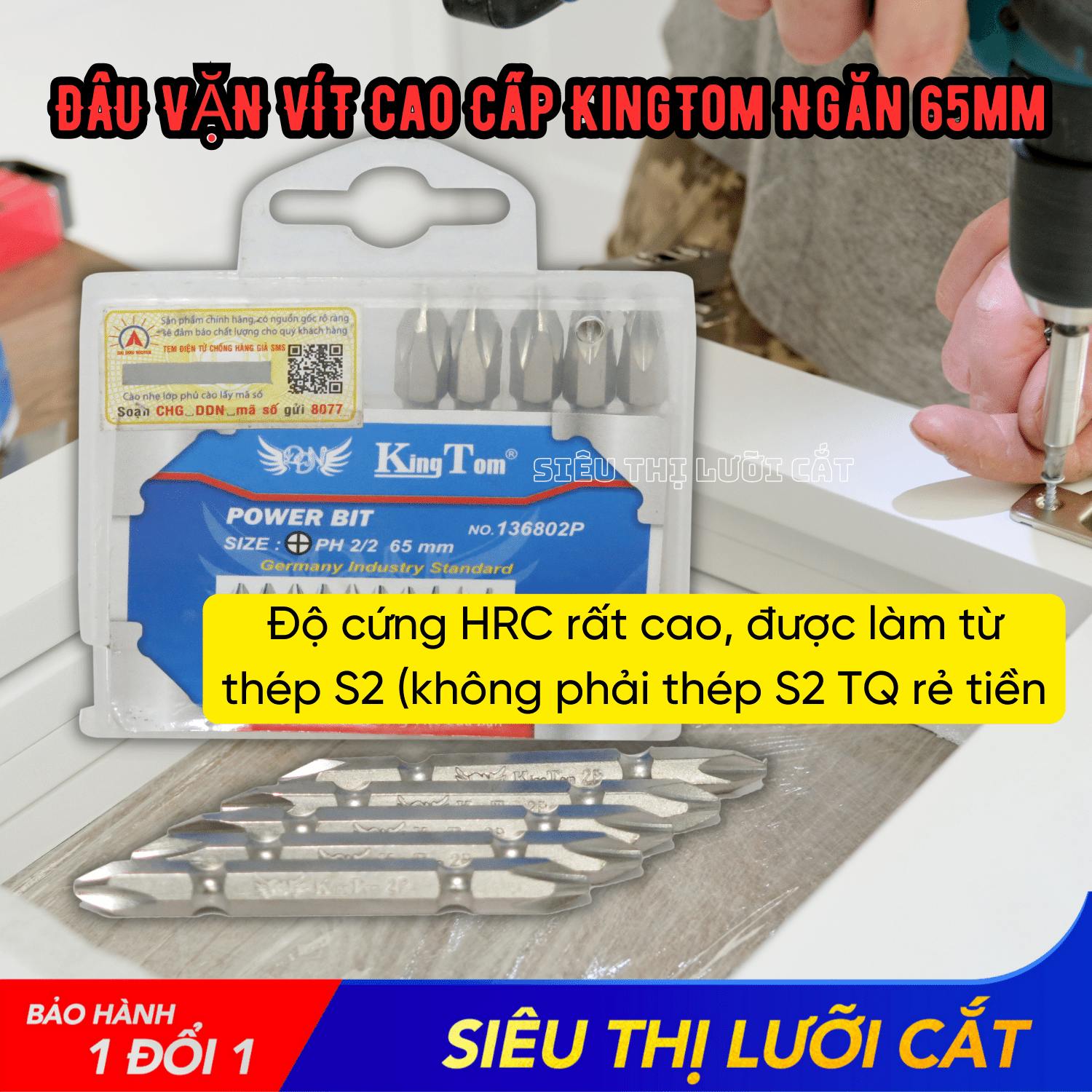 Đầu Vặn Vít (2 Đầu Bake) Cao Cấp KingTom Ngắn 65mm - Lực Hít Cực Mạnh (Hộp 10 Mũi)
