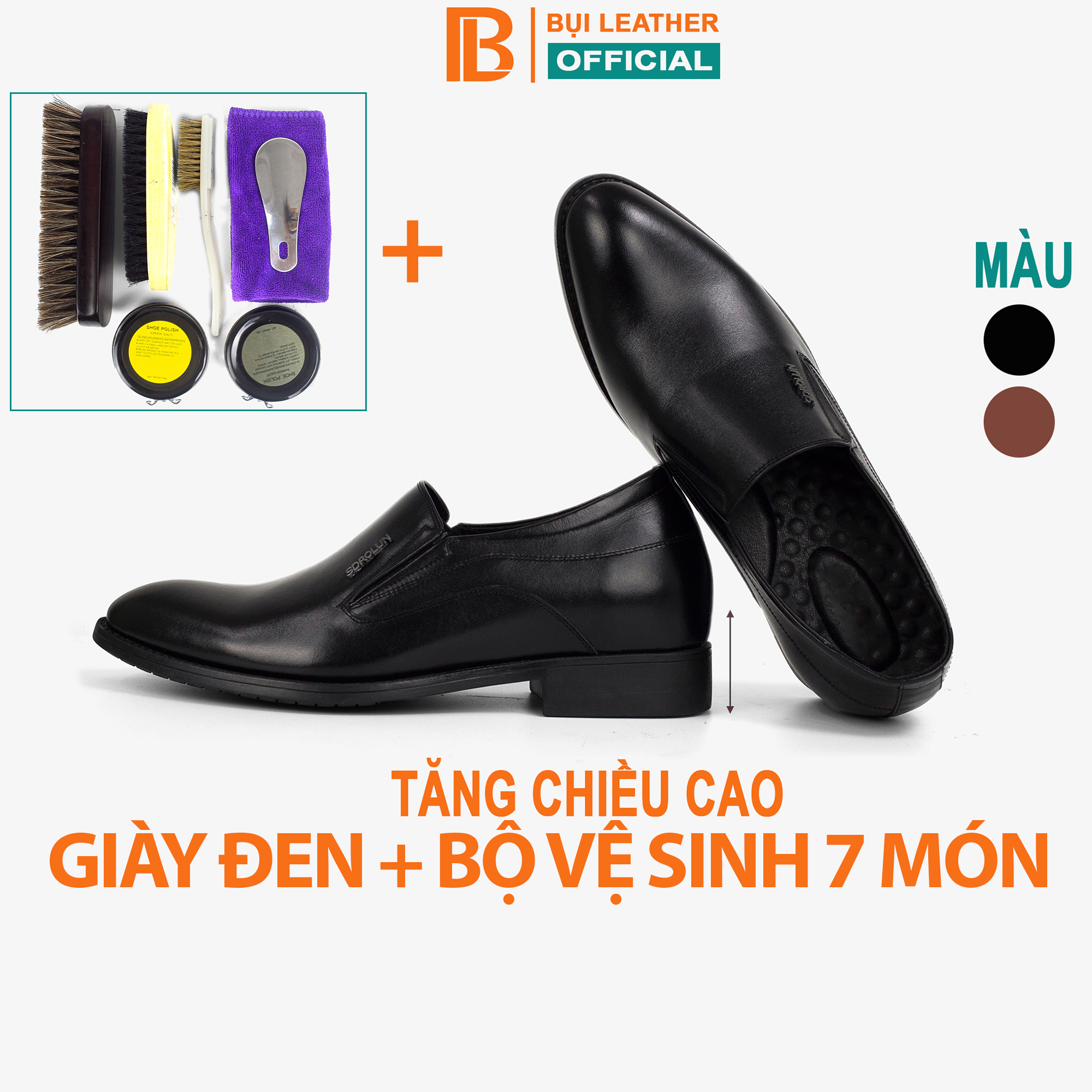 Giày tây nam tăng chiều cao da bò nappa cao cấp, giày lười nam màu đen G111- Bụi leather- hộp sang trọng -BH 12 tháng