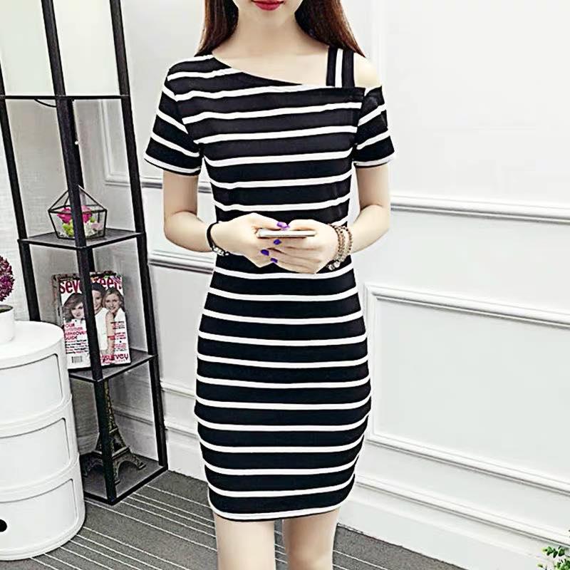 ĐẦM SUÔNG VẢI THUN SỌC LỆCH VAI THỜI TRANG TH