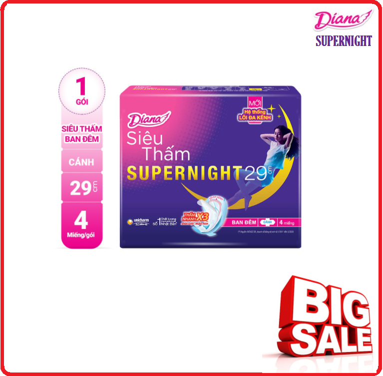 BVS DIANA Siêu Thấm Ban Đêm Gói 4 Miếng - 29Cm