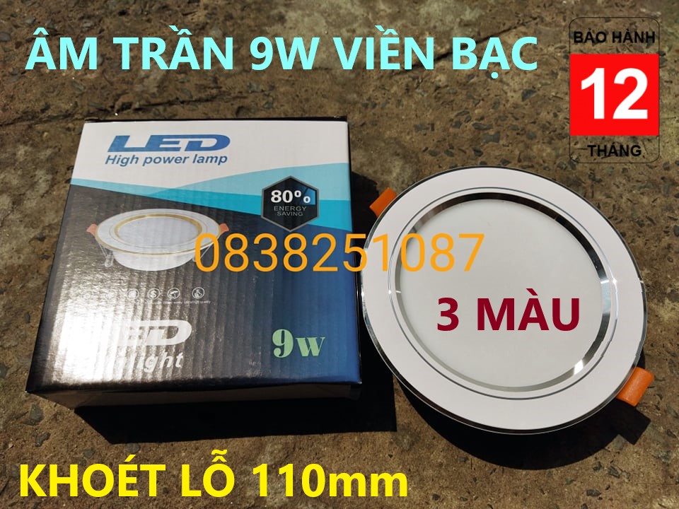 [HCM]BỘ 10 Đèn led âm trần viền bạc 9w 3 màu 3 chế độ (Trắng/vàng/ vàng trung tính)