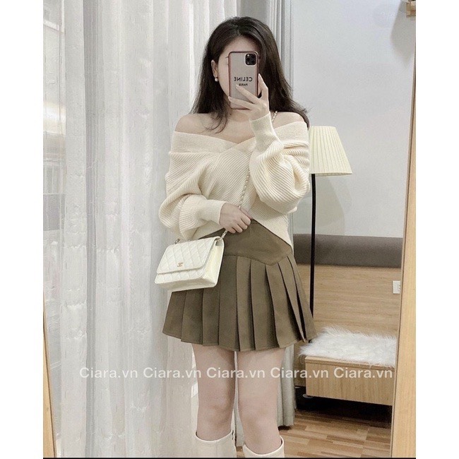 Áo len nữ dài tay cách điệu trễ vai vạt chéo  Áo chất bozip co dãn phong cách hàn quốc quyến rũ 1STCLOTHES