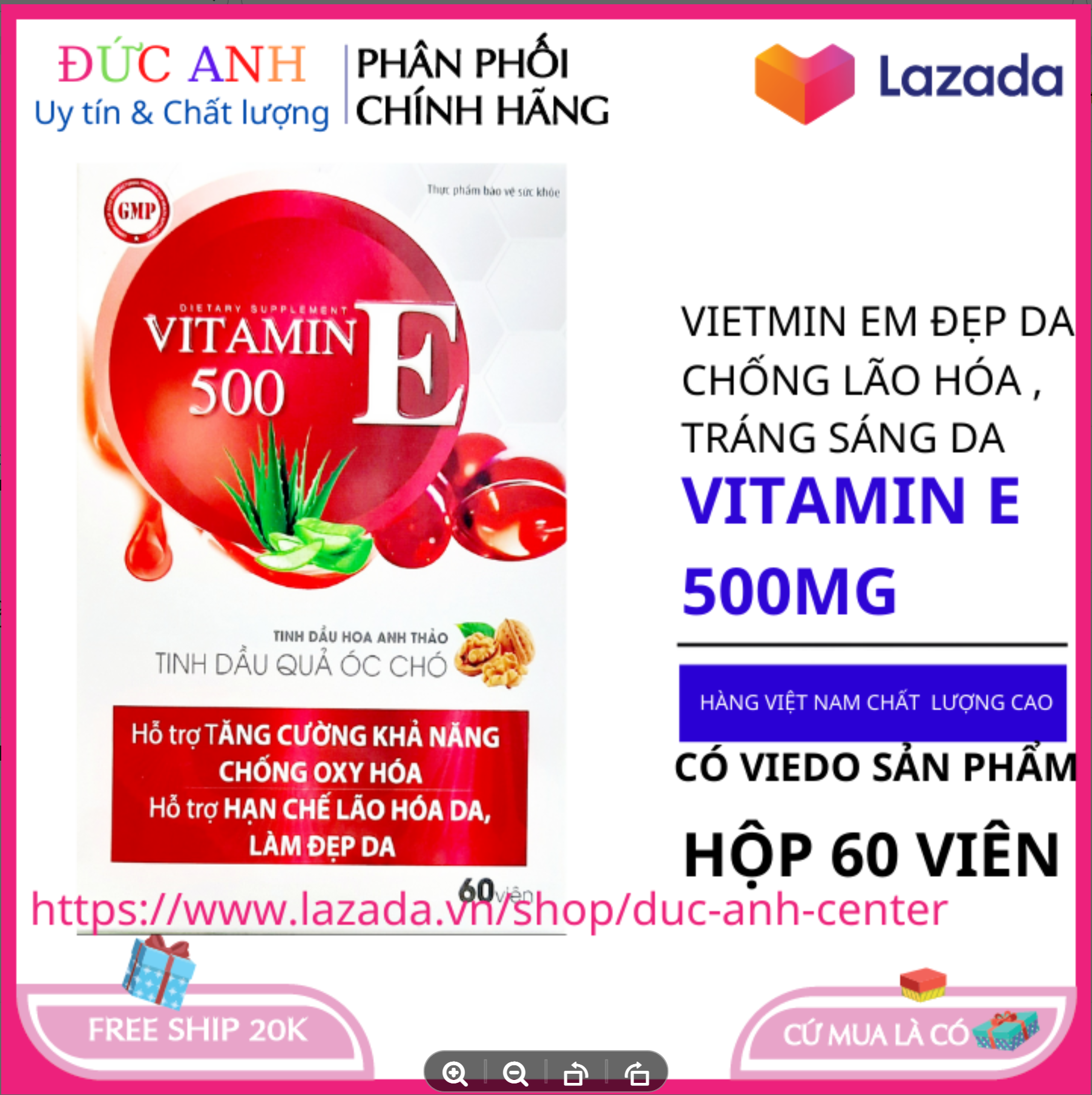 Vitamin e đỏ đẹp da chống lão hóa cân bằng nội tiết tố cho da hộp 60 viên vitamin e dưỡng da - vitamin e bôi mặt - vitamin e dưỡng ẩm - viên uống trắng da- viên uống tăng nội tiết tố nữ - viên uống trắng da- ĐỨC ANH
