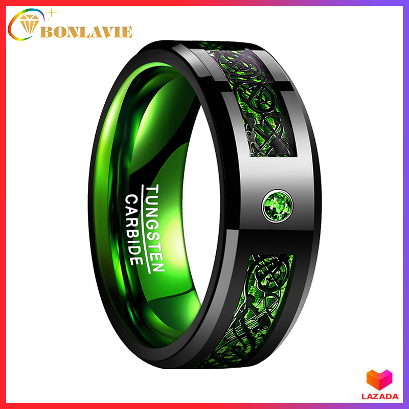 NUNCAD Green Tungsten Carbide Wedding Band Ring Celtic Dragon Green Carbon Fiber for Men 8mm Size 7 to 14