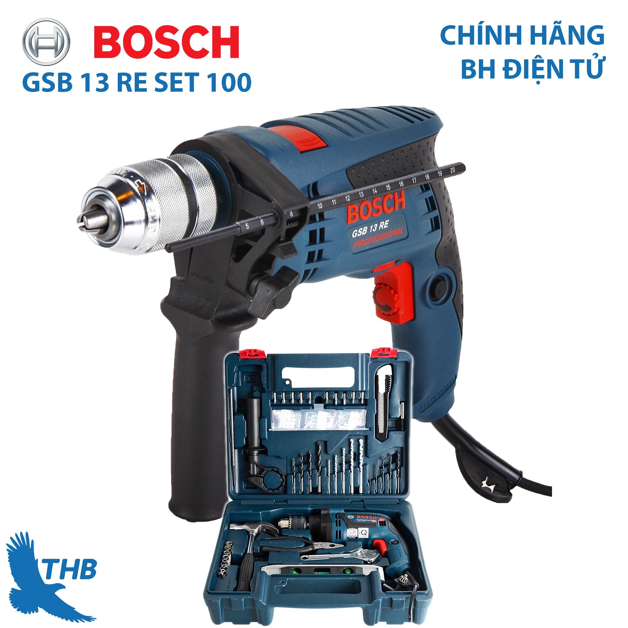 Bộ máy khoan gia đinh Bosch Bộ máy khoan đa năng Bosch chính hãng GSB 13 RE SET 100 món Hộp nhựa Bảo hành điện tử 12 tháng