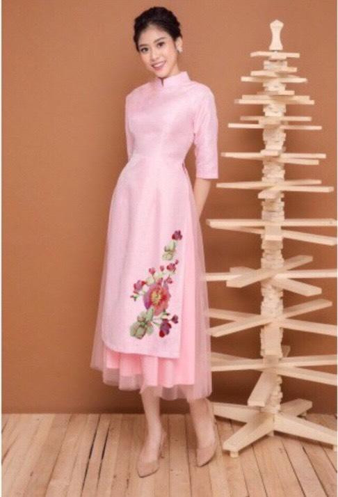 Áo dài cách tân nữ thêu hoa kèm chân váy lưới cao cấp