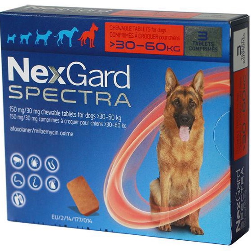 NEXGARD SPECTRA- PHÒNG VE, BỌ CHÉT , TẤT CẢ CÁC LOẠI GIUN VÀ GIUN TIM CHO CHÓ 30-60kg (hộp 3 viên)