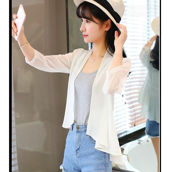 Áo khoác kimono voan  trơn cổ vest