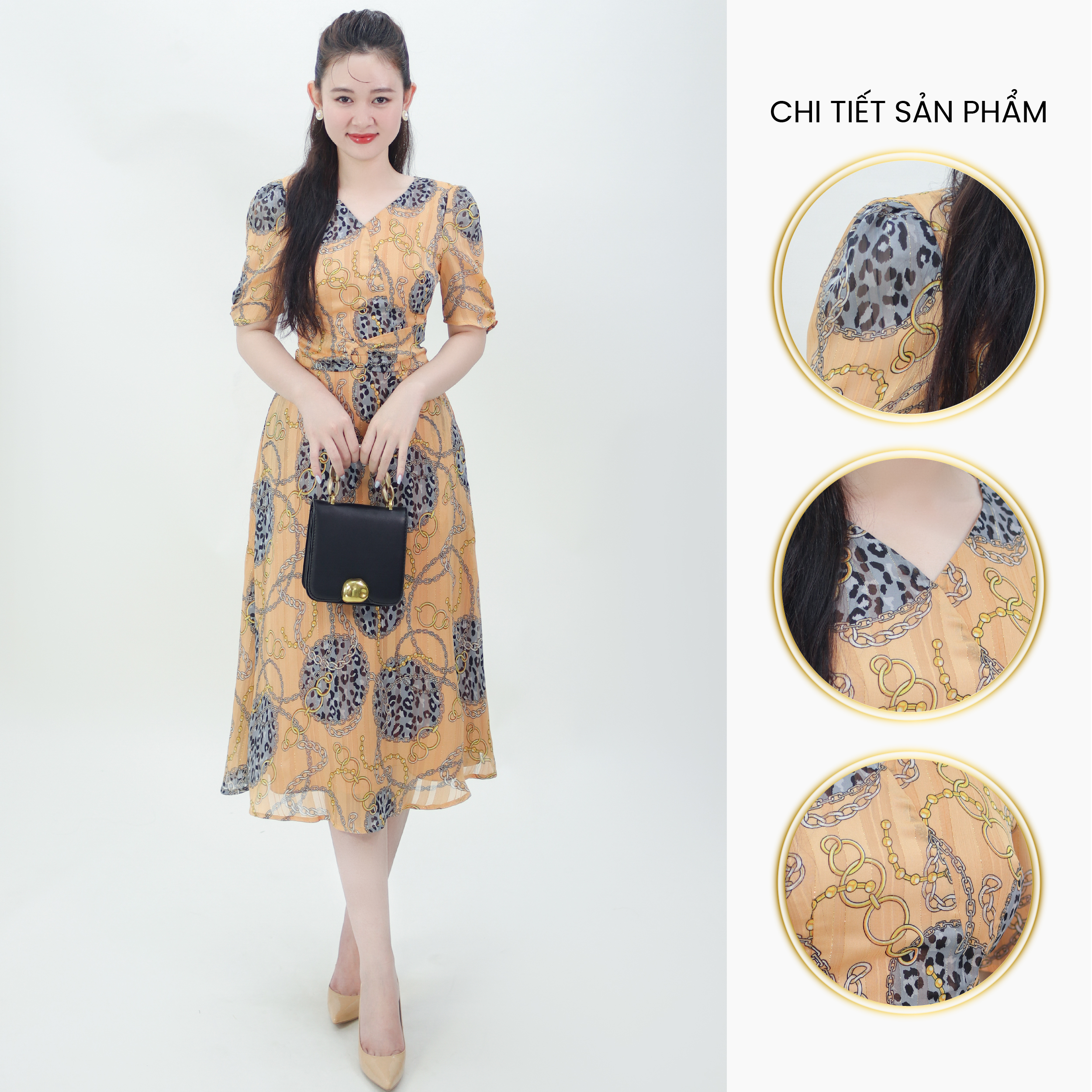 Đầm xòe midi cổ tim có khoen eo - Vàng 3860