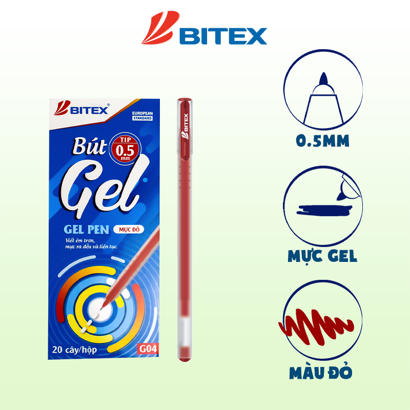 Bút gel Bitex mực xanh, đỏ, đen G04 (1 cây)