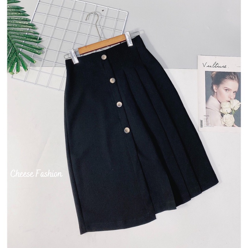 Chân váy xếp ly dáng dài 4 khuy siêu hot