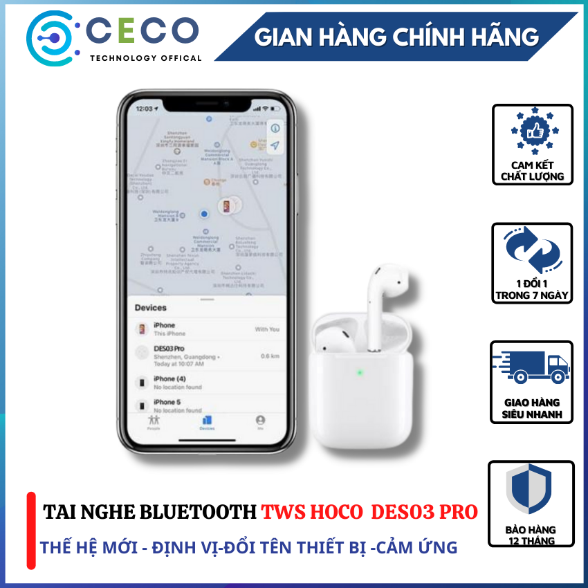 Tai nghe Bluetooth TWS Wireless Hoco DES03 Pro V5.0-Ceco-định vị-đổi tên-chạm cảm ứng cửa sổ kết nối pin 350mAh-Nghe nhạc cực chất-đàm thoại cực rõ-dành cho Học Sinh-Sinh Viên-Công Nhân Viên.