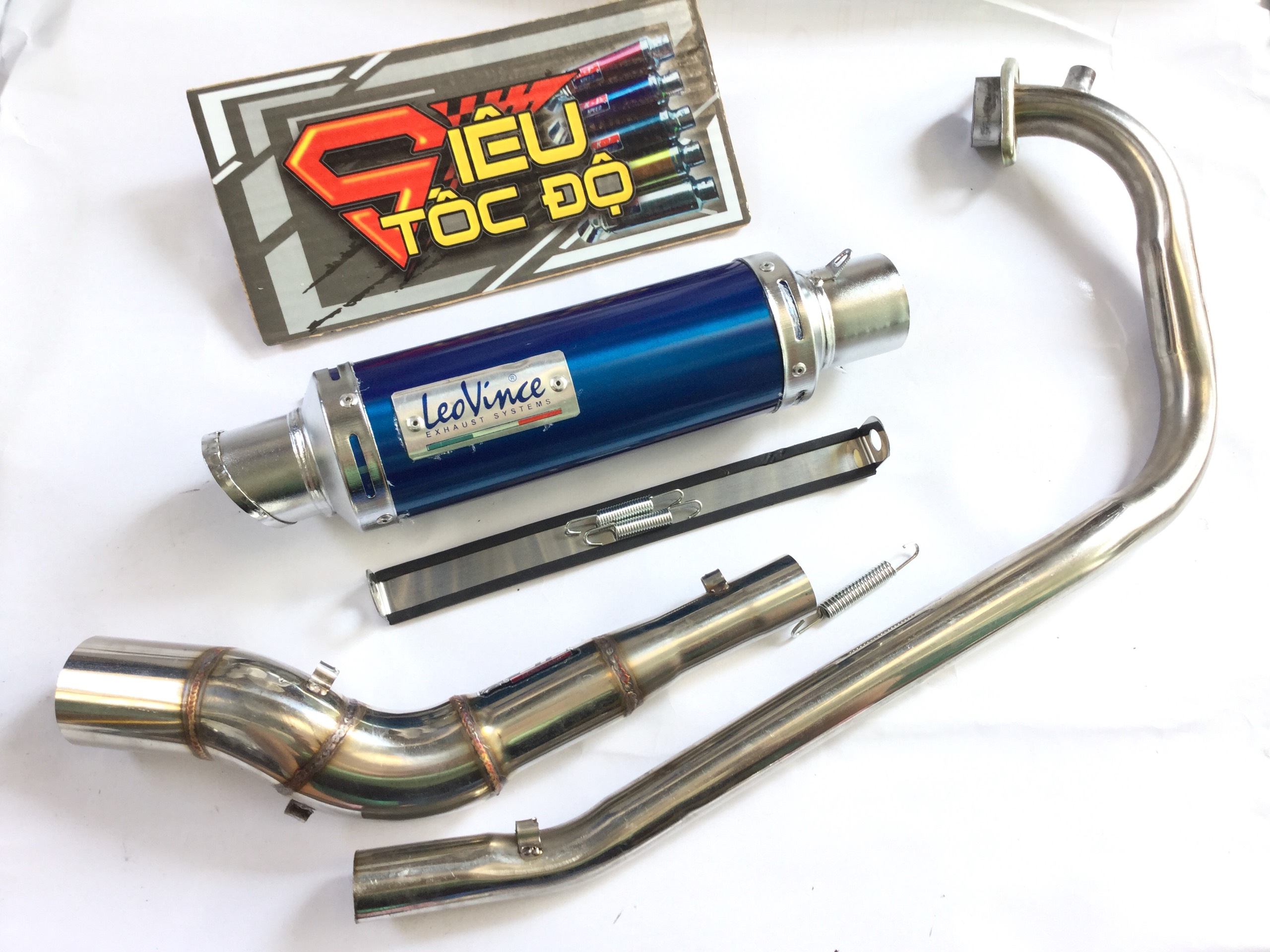 Pô leovince xanh full pass treo lò xo bao gồm cả cổ pô độ cong 2 khúc cho xe raider fi, satria, gsx,.........