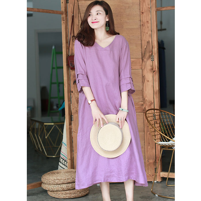 Đầm suông linen cổ tim chồng tay lỡ, thời trang hè thu 2021 - Tím nhạt